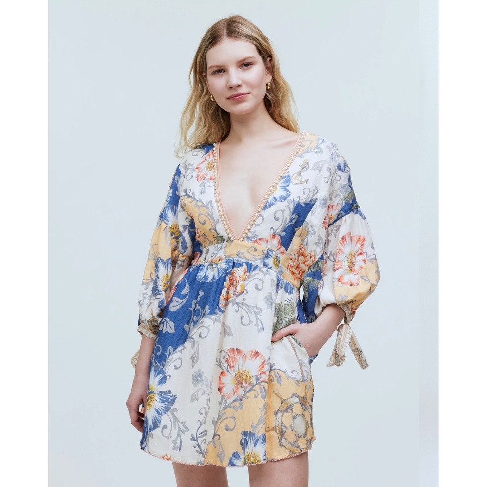 Aqua Bendita Blue yellow Floral Deep V-Neck Puff Sleeve Mini Dress Sz S